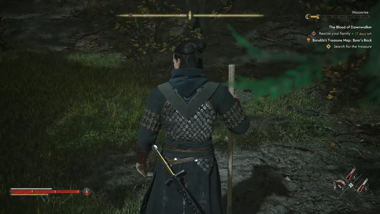 Searching for the buried stash with the Boar's Back treasure objective shown on the HUD