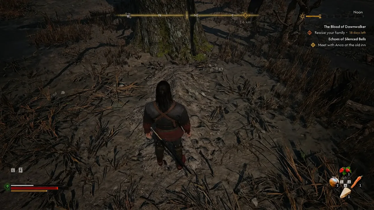 Quest tracker on screen as the character rides south toward the marked treasure location