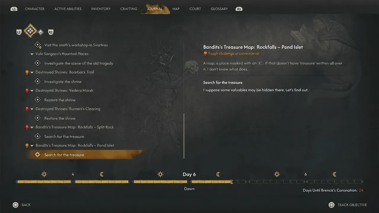 Journal screen with the Search for the treasure objective selected under the Pond Islet treasure map