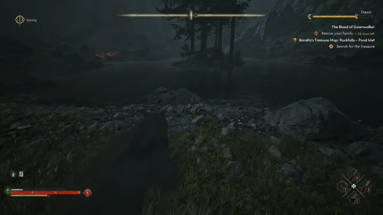 Player crossing open ground with the Rockfalls Pond Islet treasure objective tracked on the HUD