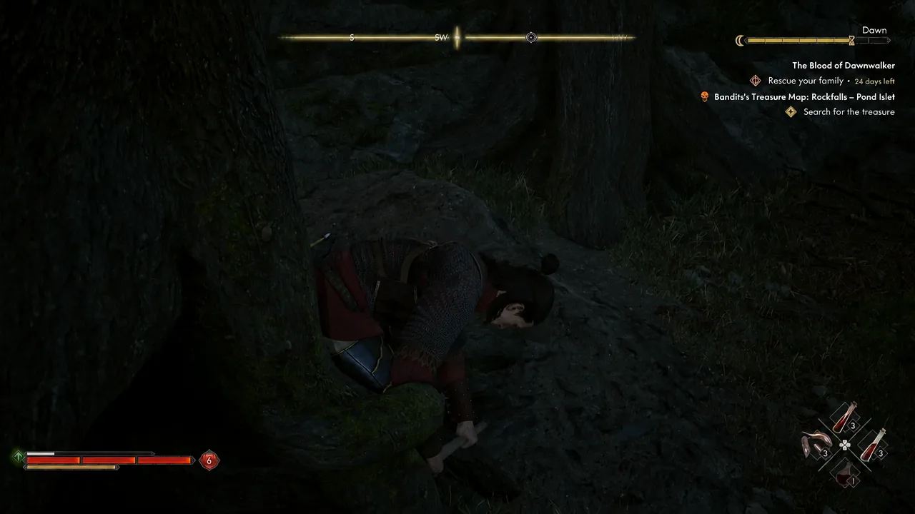 Character crouched at the base of the tree uncovering the buried Pond Islet chest