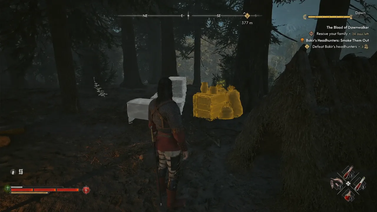 Character standing over a glowing bandit camp loot pile ready to take the treasure map
