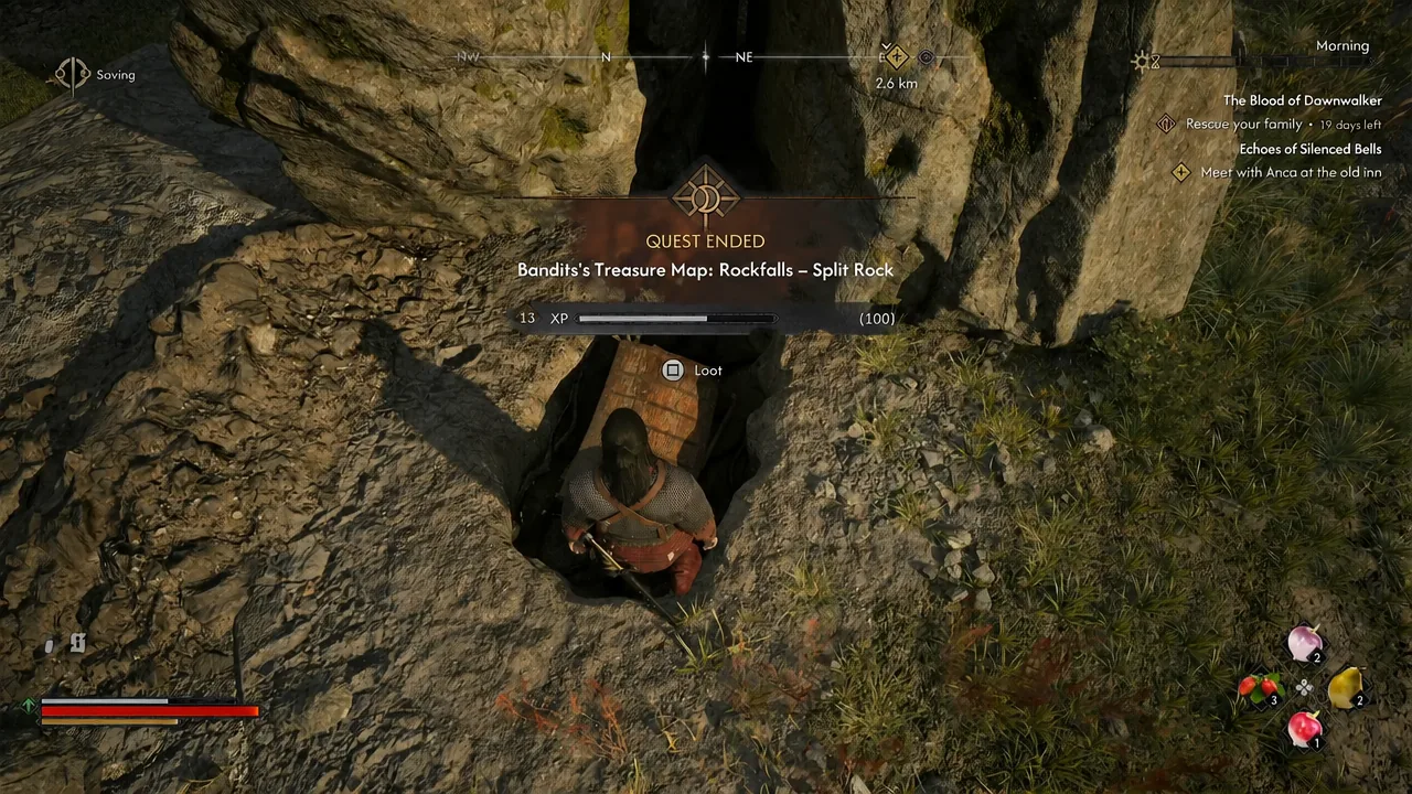 The Quest Ended screen with the Loot prompt for the unearthed chest.
