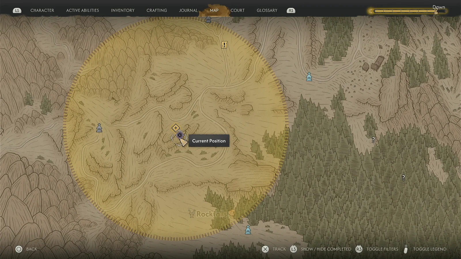 World map screen showing the current position marker in the Rockfalls region with undiscovered locations nearby