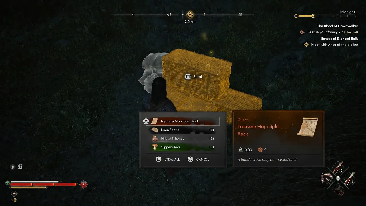 Loot window with Treasure Map: Split Rock selected inside the bandit chest