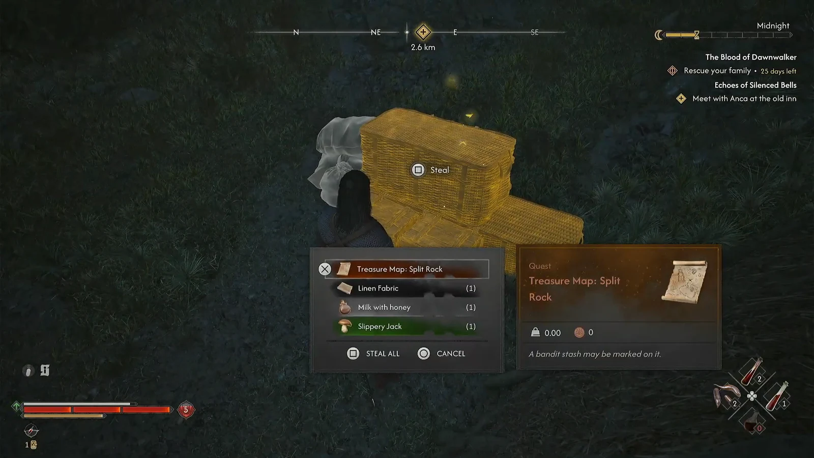Loot window open on a bandit stash with Treasure Map: Split Rock selected