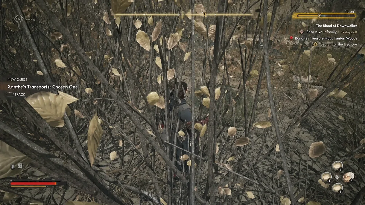 Character pushing through dense brush toward the marsh with a tracked activity in the HUD