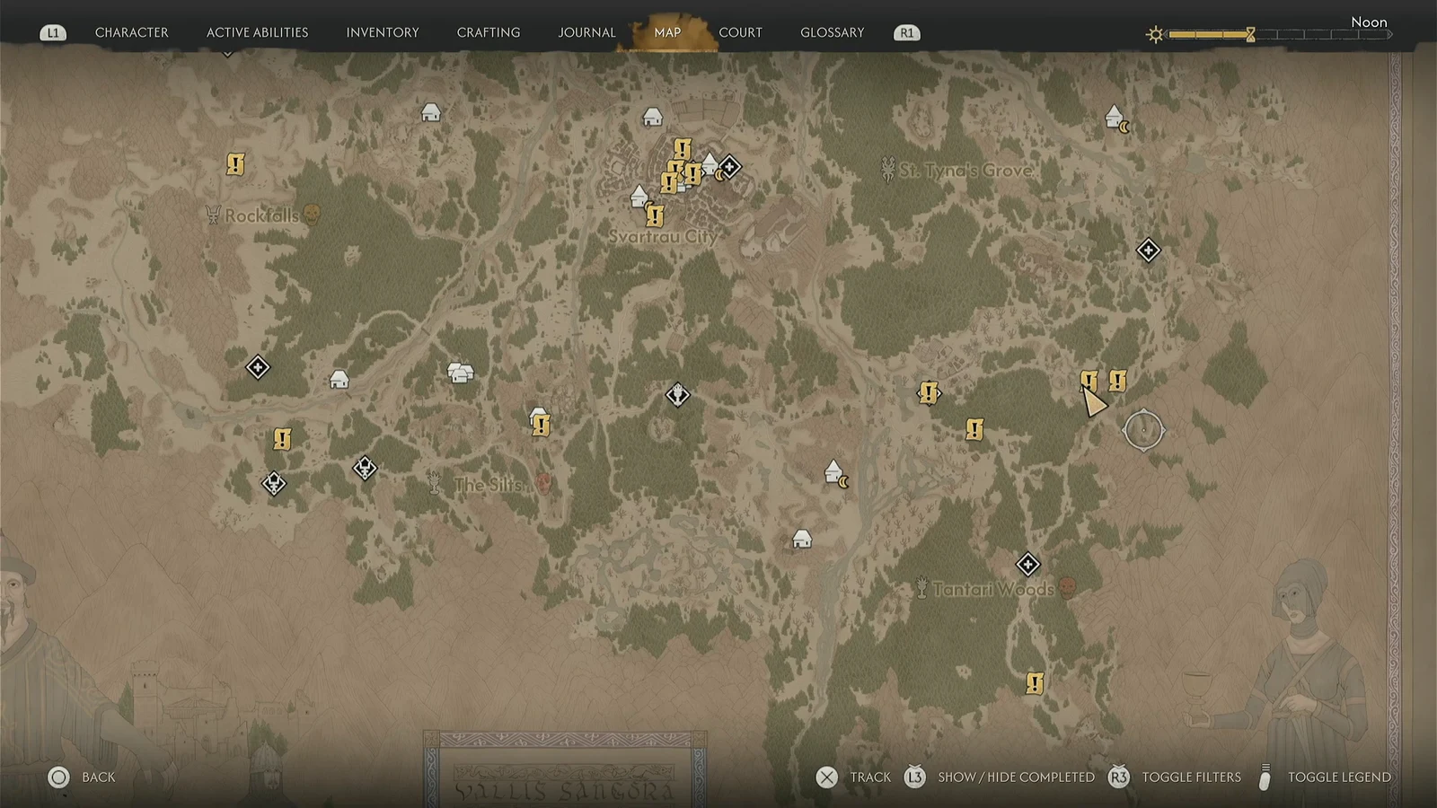 World map screen with the MAP tab open, showing quest markers across the region
