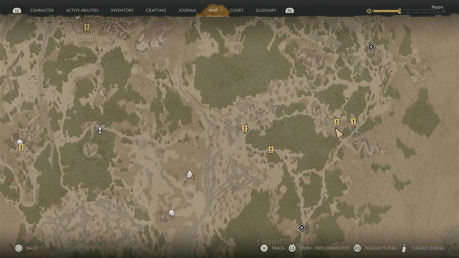 Map cursor hovering near yellow quest markers on the open world map