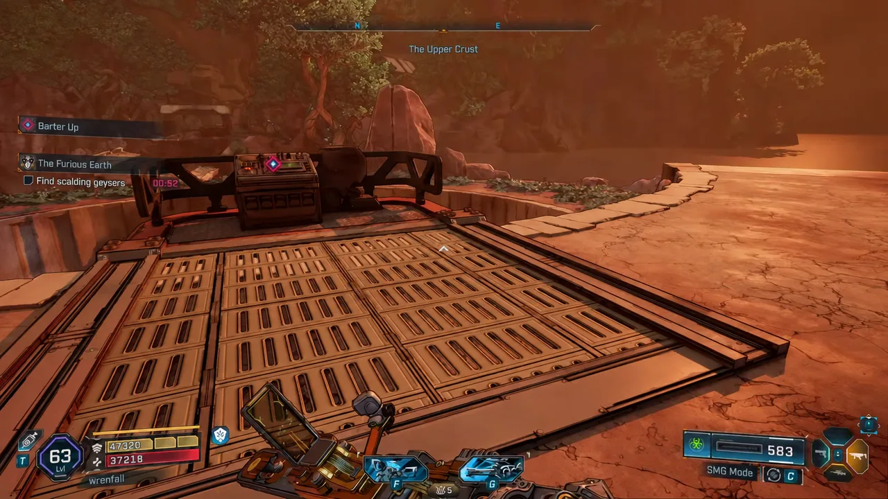 Gameplay view inside The Upper Crust with an active quest objective on screen