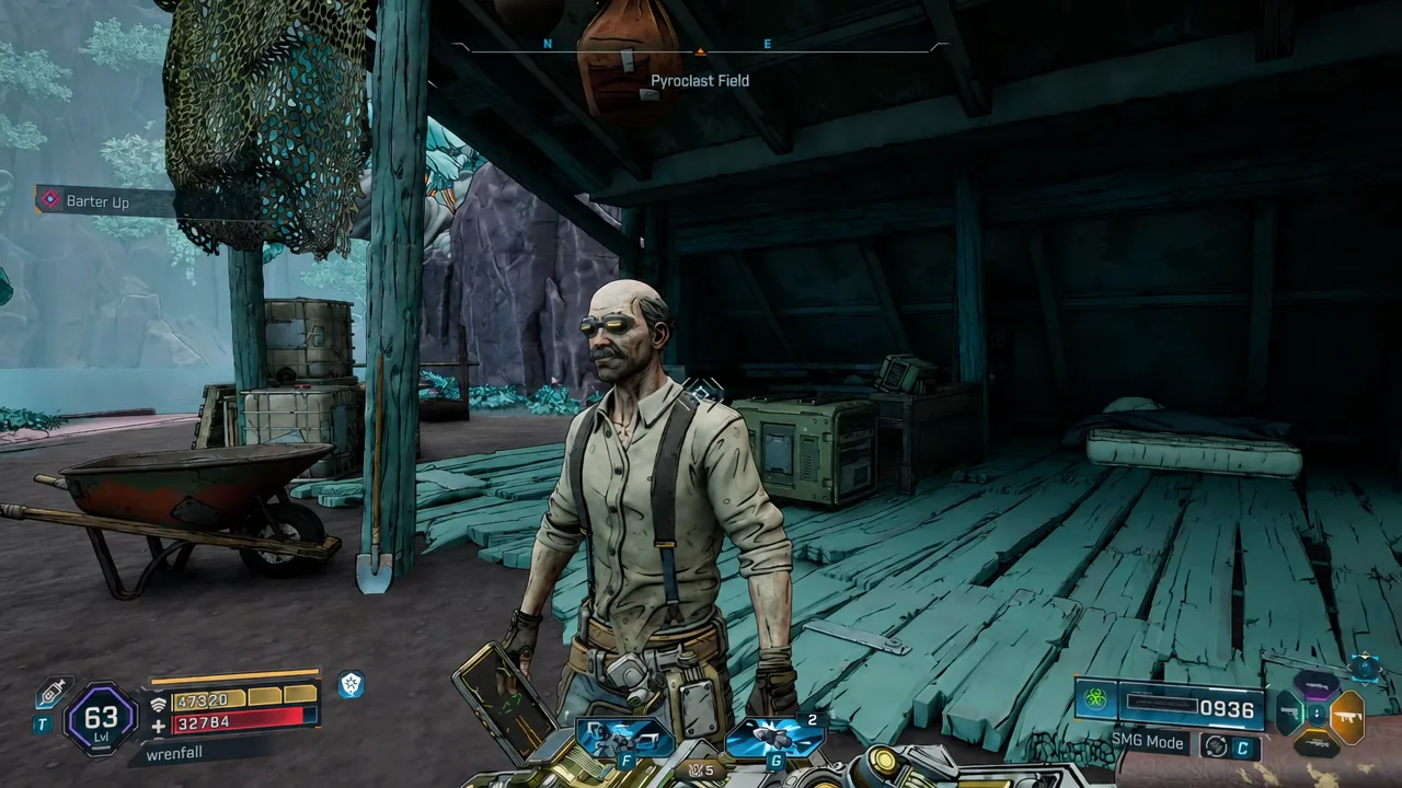 Barter Up objective active in the Pyroclast Field HUD while facing the quest-giving NPC