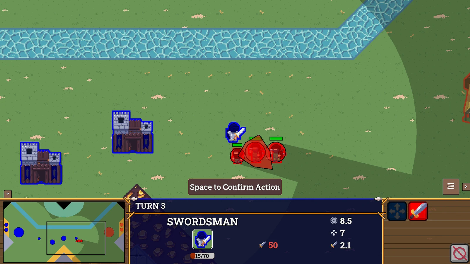 A daytime battlefield shows blue castles, red units, waterways, and a selected Swordsman in the turn-based strategy interface.