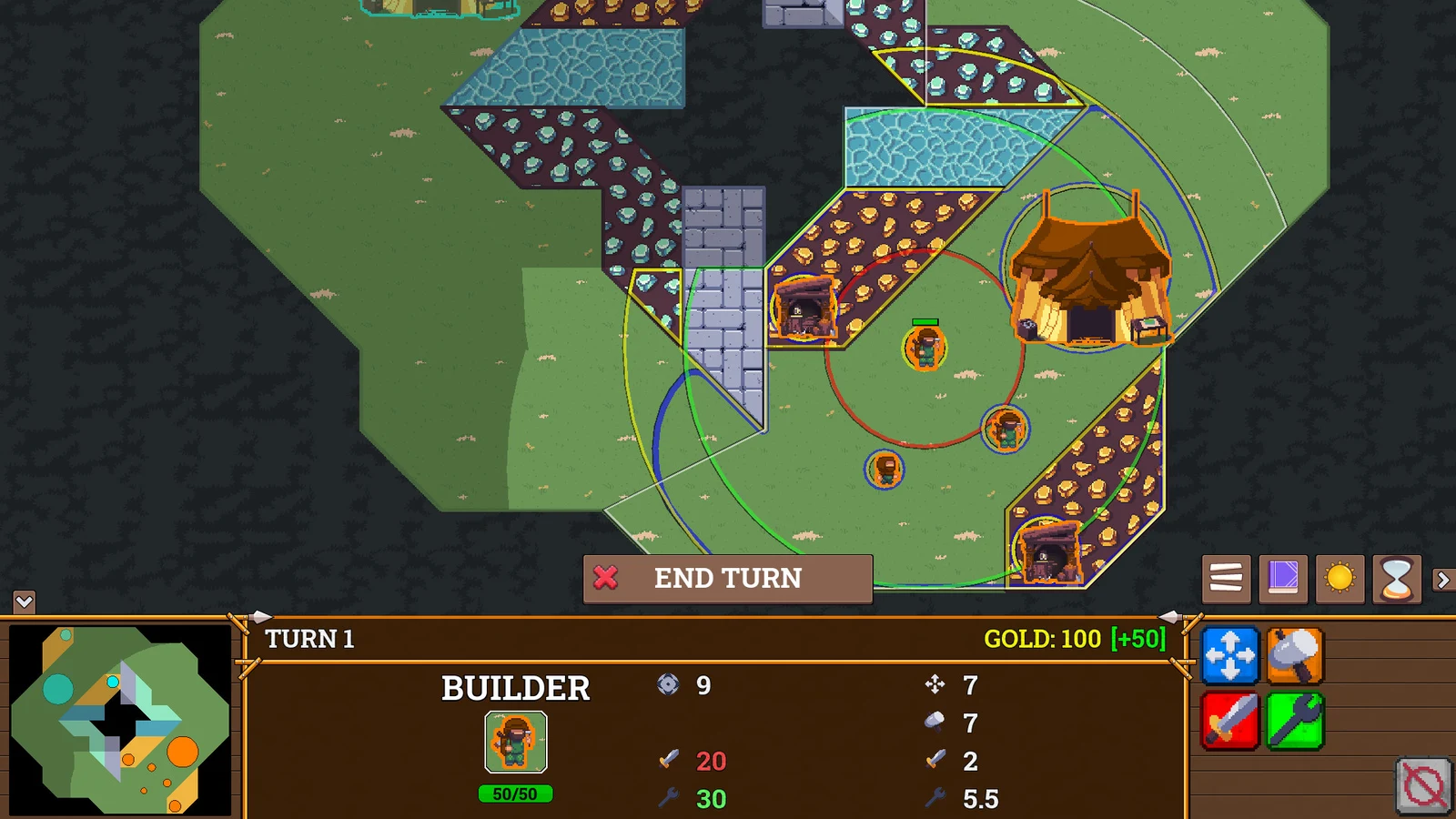 A daytime fortress map shows a selected Builder near a base, stone walls, waterways, and enemy territory in the turn-based strategy interface.
