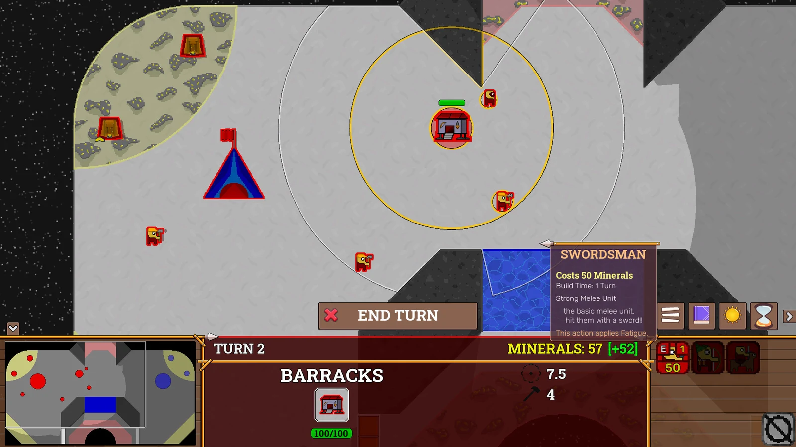 A daytime tactical targeting screen centers on a Barracks and nearby Swordsman within circular attack ranges, with a unit tooltip and End Turn control.