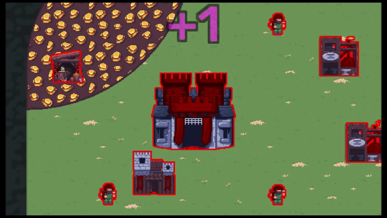 A large red castle and nearby red buildings and units fill a grassy battlefield while a purple plus-one score appears above.