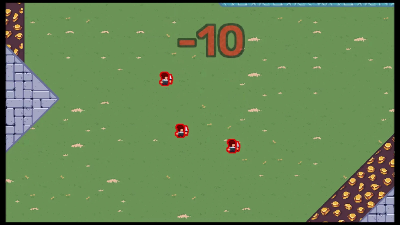 Several red units move across a grassy battlefield beside stonework and rocky ground while a minus-ten score appears overhead.