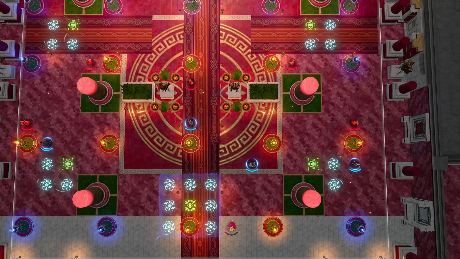 Blue-highlighted player units spread along the flanks while red flames hold the central corridor