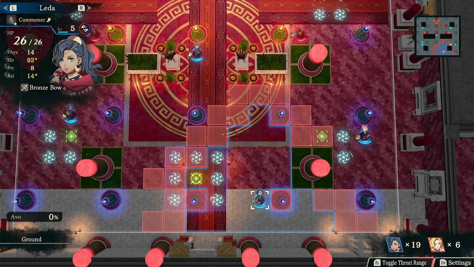 Leda shown as a level 5 Commoner with a Bronze Bow equipped, with movement and enemy threat ranges displayed