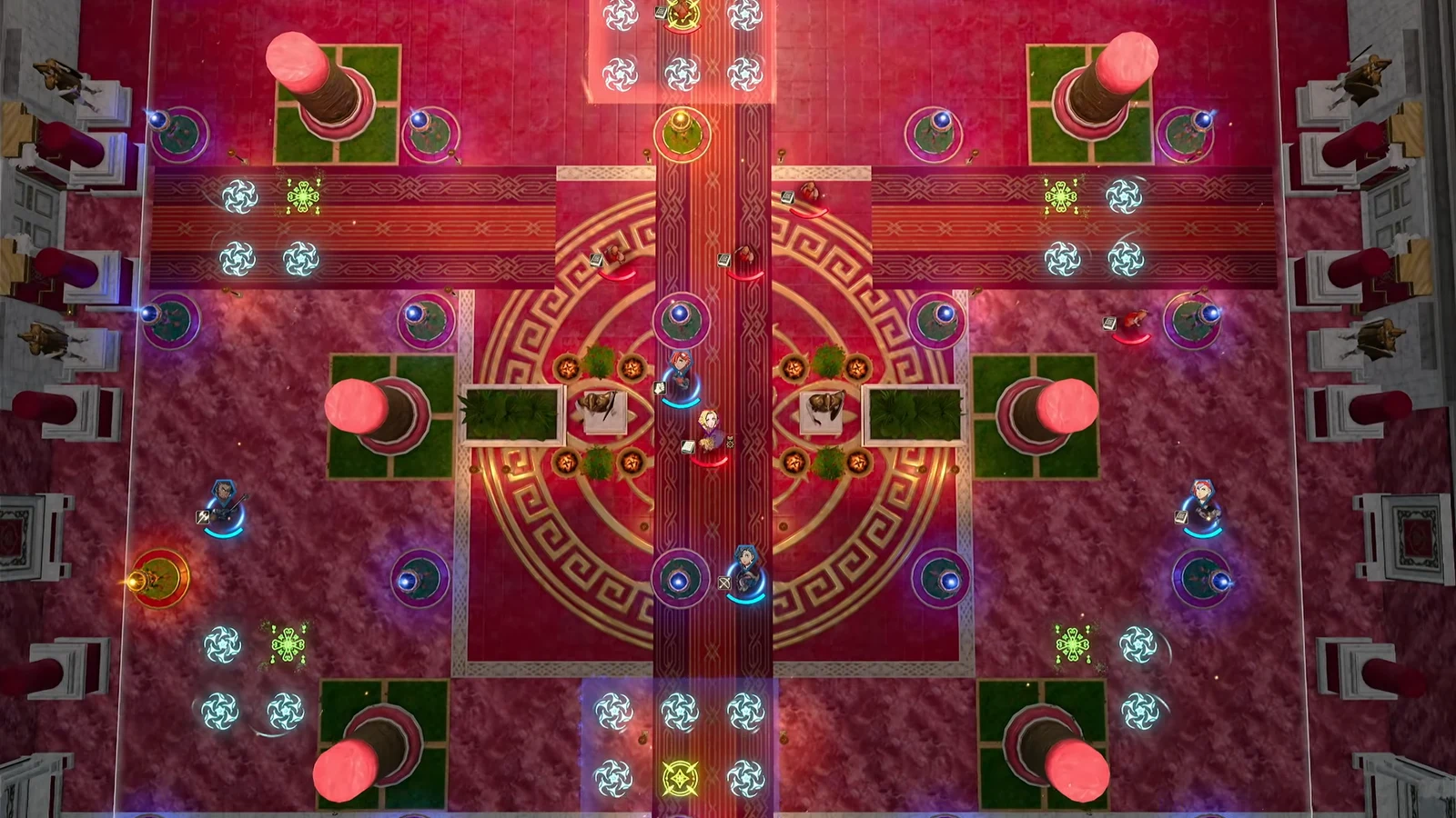 A player unit ringed in blue holds the central lane while red and blue units contest nearby braziers