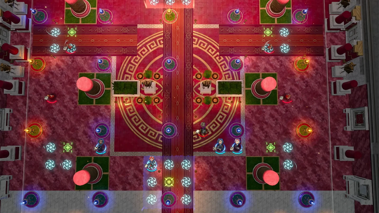 Kalla's Temple tactical map with player units, braziers and objective markers across the symmetrical arena