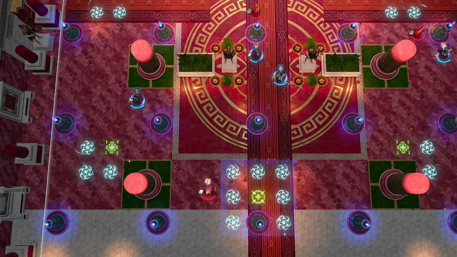 A glowing brazier objective at the center of the map with player and enemy units clustered around it