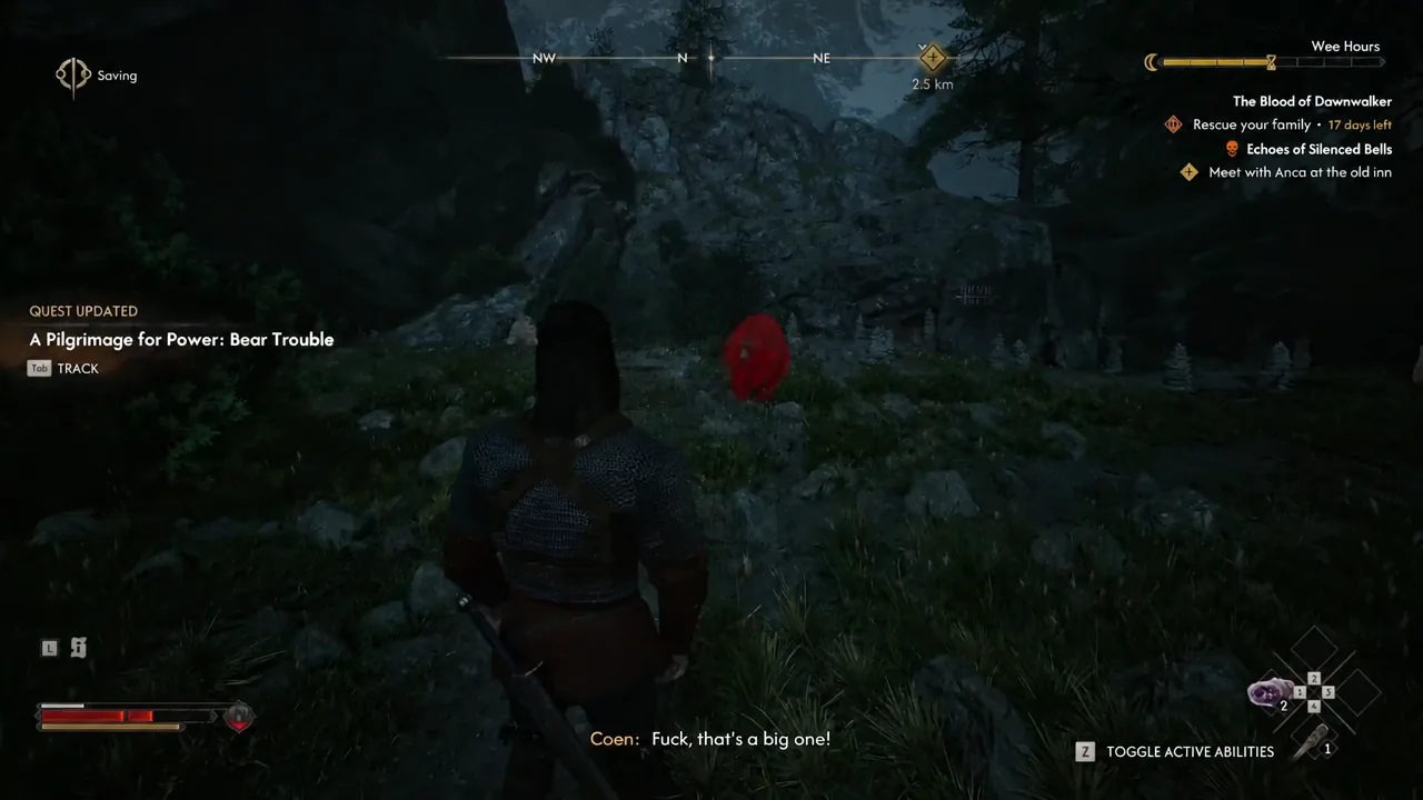 Quest Updated notification for A Pilgrimage for Power: Bear Trouble as the highlighted bear closes in