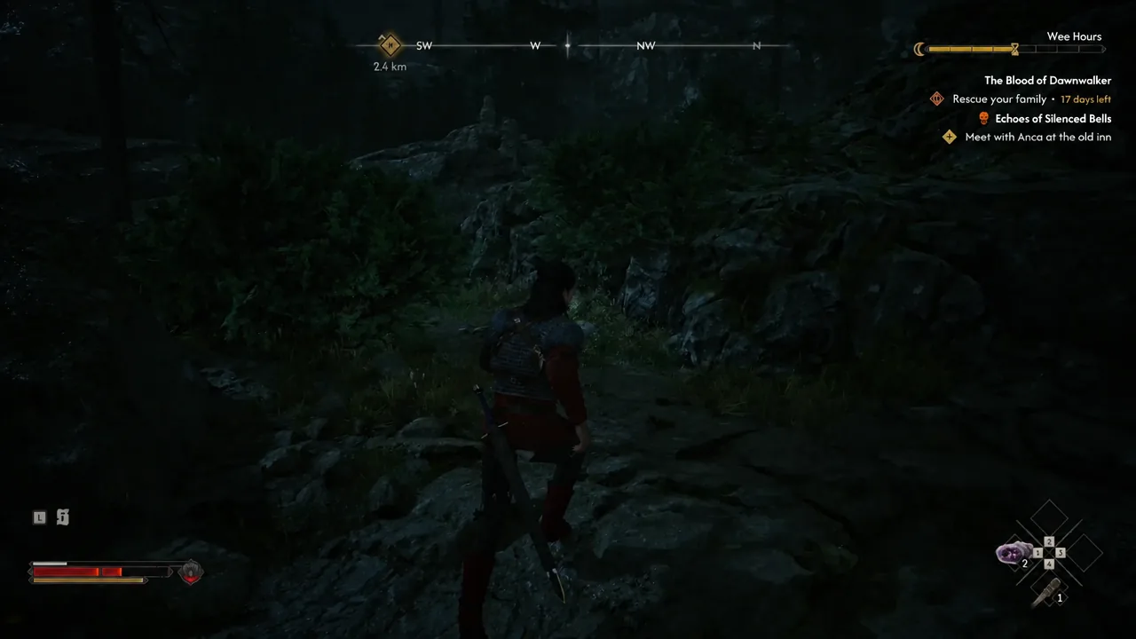 The waystone marker on the ridge with the active quest shown in the HUD