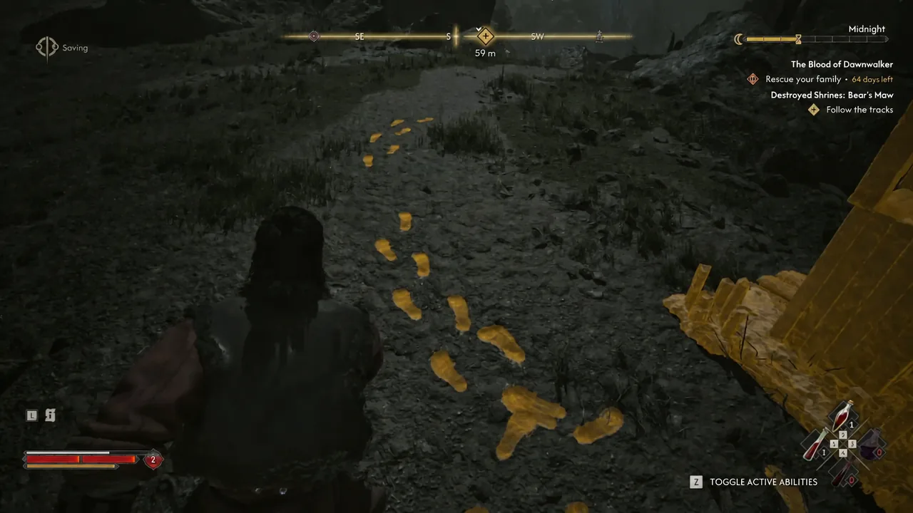 Glowing yellow footprints on the forest floor during the Destroyed Shrines: Bear's Maw objective