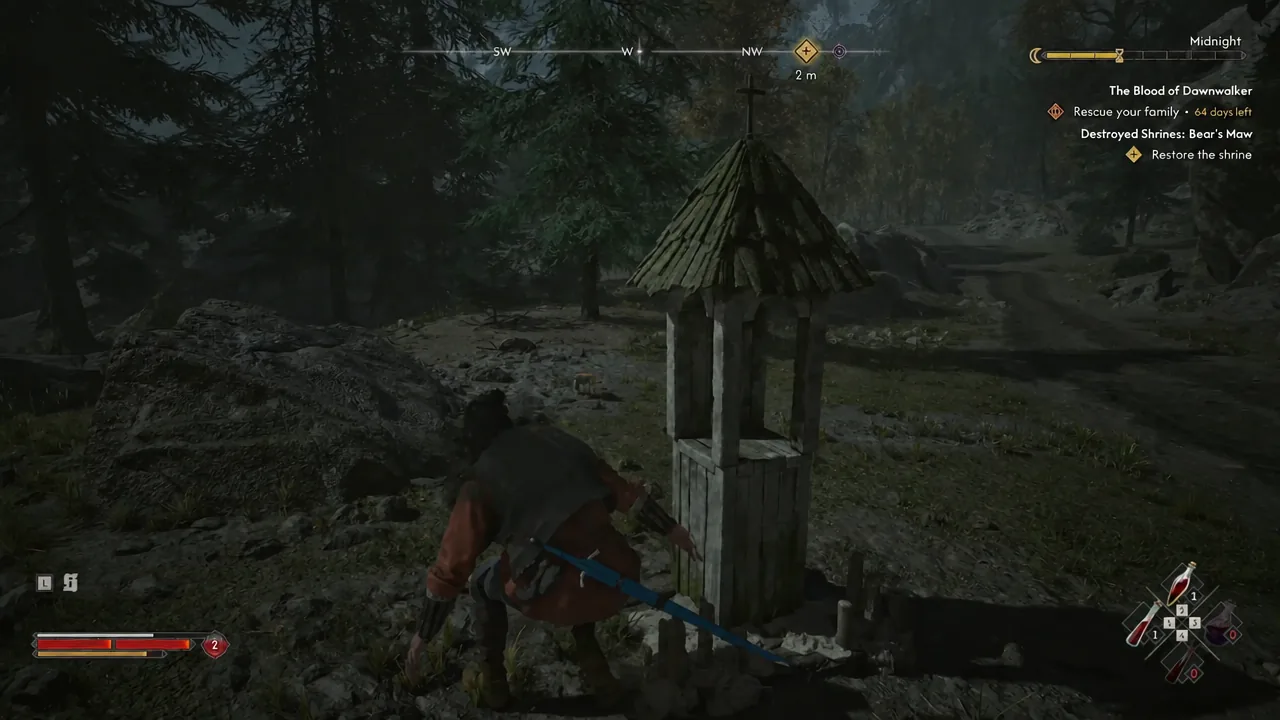 Coen walking up to the repaired Bear's Maw shrine to place its heart