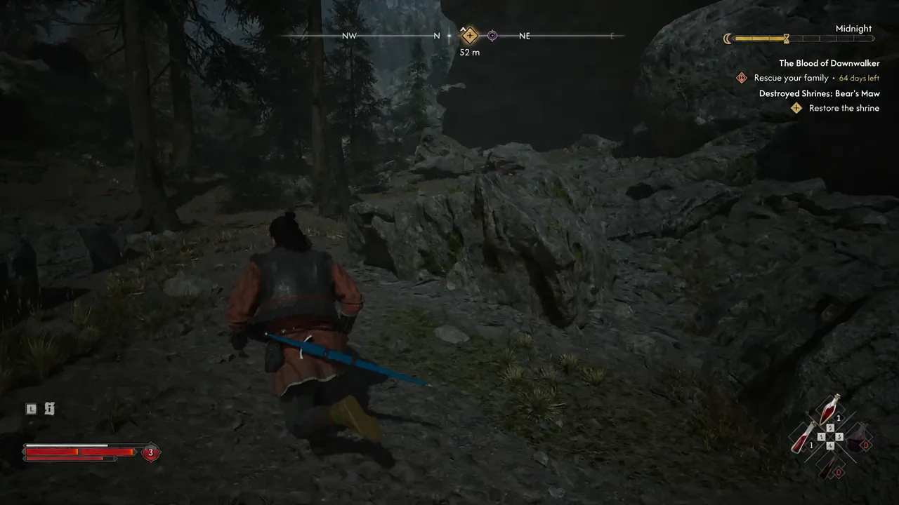 Compass marker reading 52 m while running back toward the Restore the shrine objective