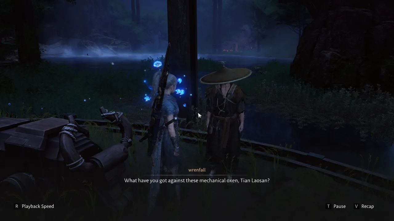Dialogue with Tian Laosan in the rice field, with subtitles and Pause and Recap controls on screen