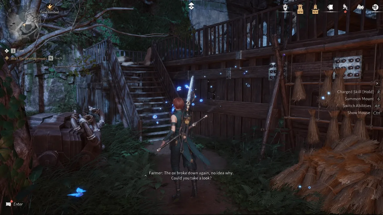 Player character standing beside a wooden farm structure at Mohist Hill as the quest clue registers