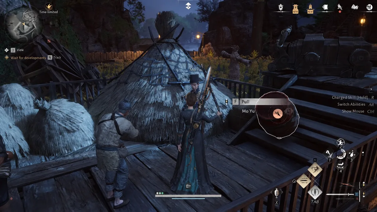 Interaction prompt highlighted as the player begins talking to Mo Yu back at Mohist Hill