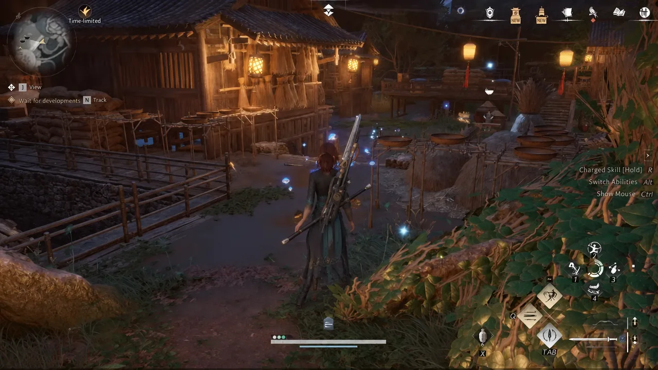 Player character running through the lantern-lit Mohist Hill village toward blue interactable markers