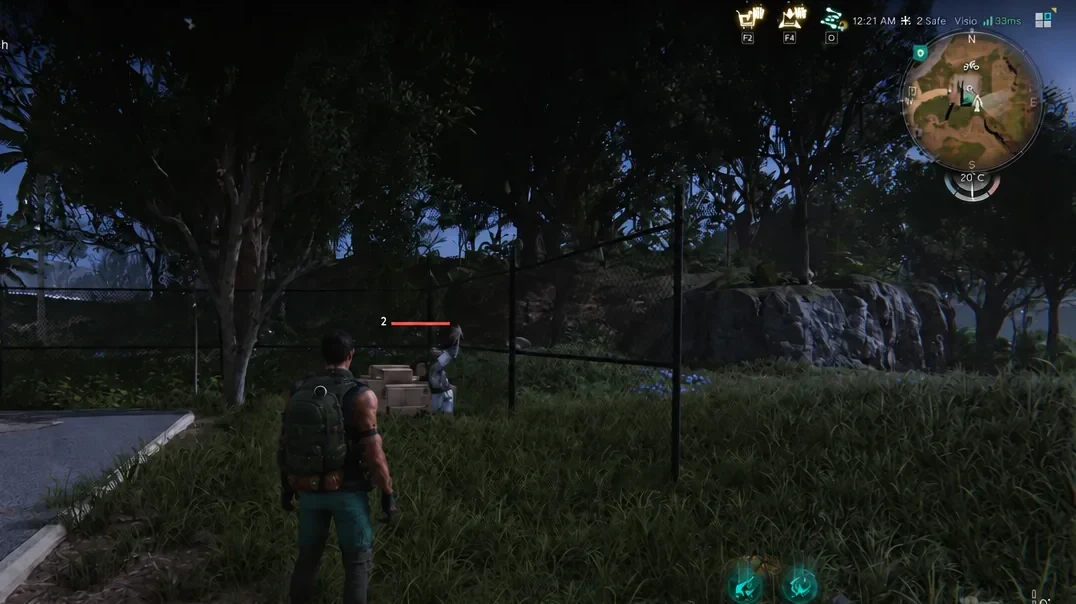 Player closing in on a marked enemy with its health bar and the minimap on screen