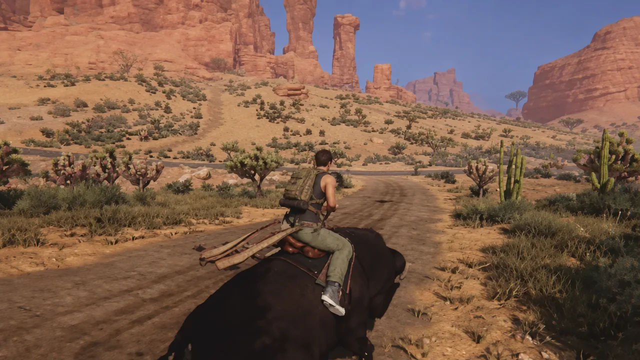 Player riding a large dark mount along a desert road in Once Human