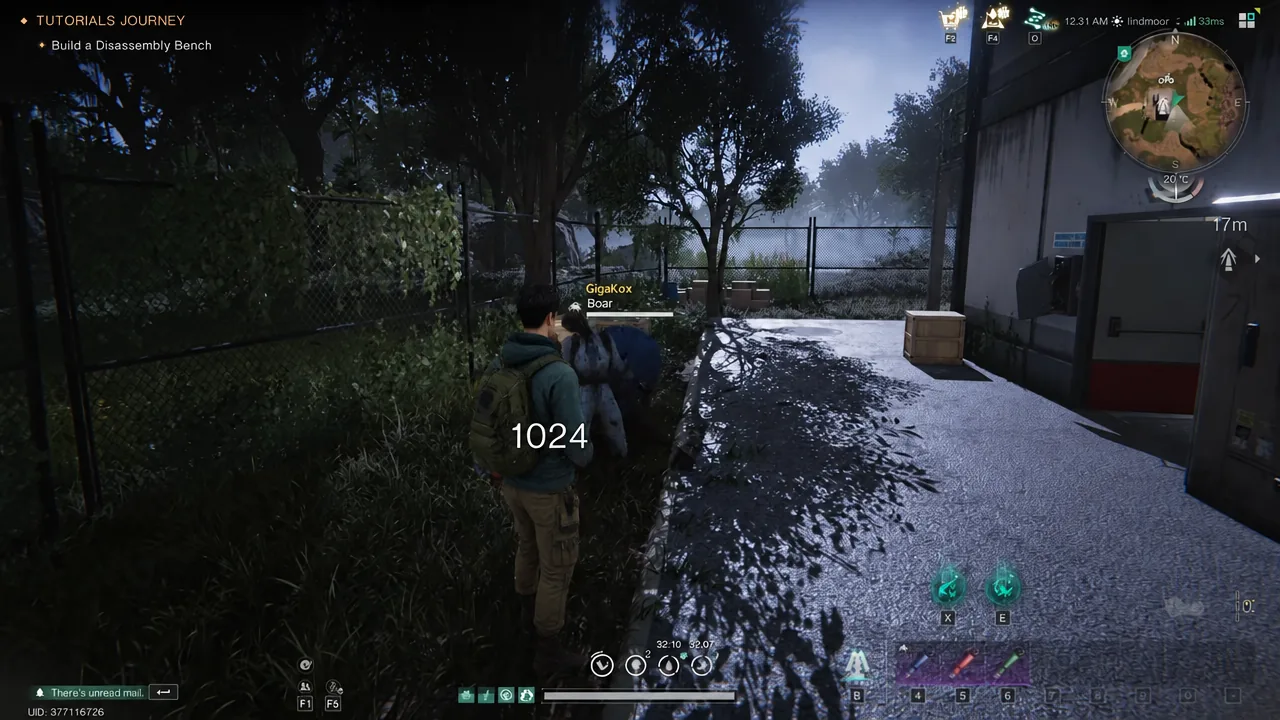 Player approaching a boar companion with the Build a Disassembly Bench objective tracked