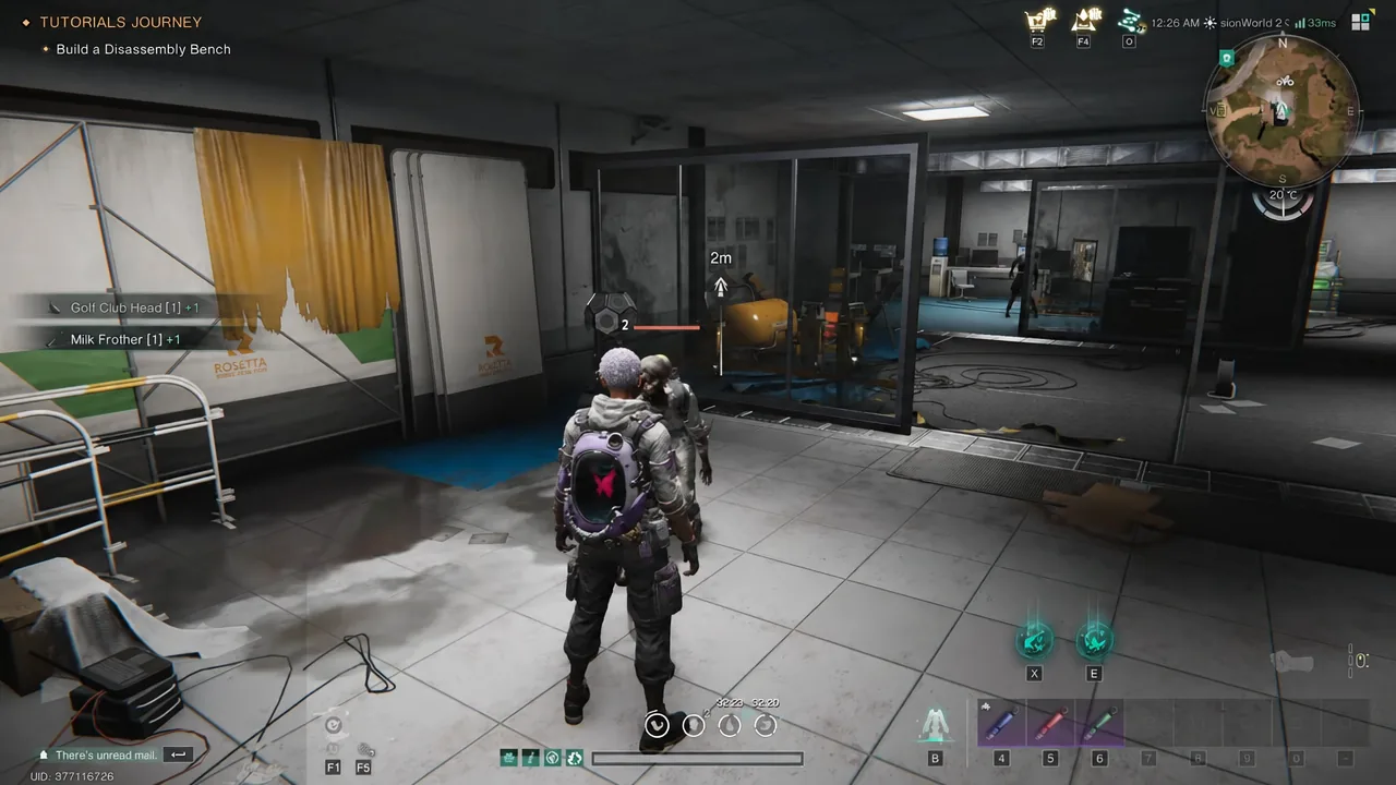 Player heading toward a marked workstation with the Build a Disassembly Bench objective active