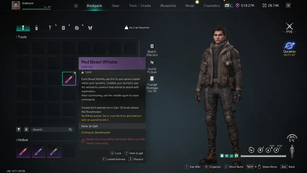 Backpack screen with the Red Beast Whistle selected and its item details shown