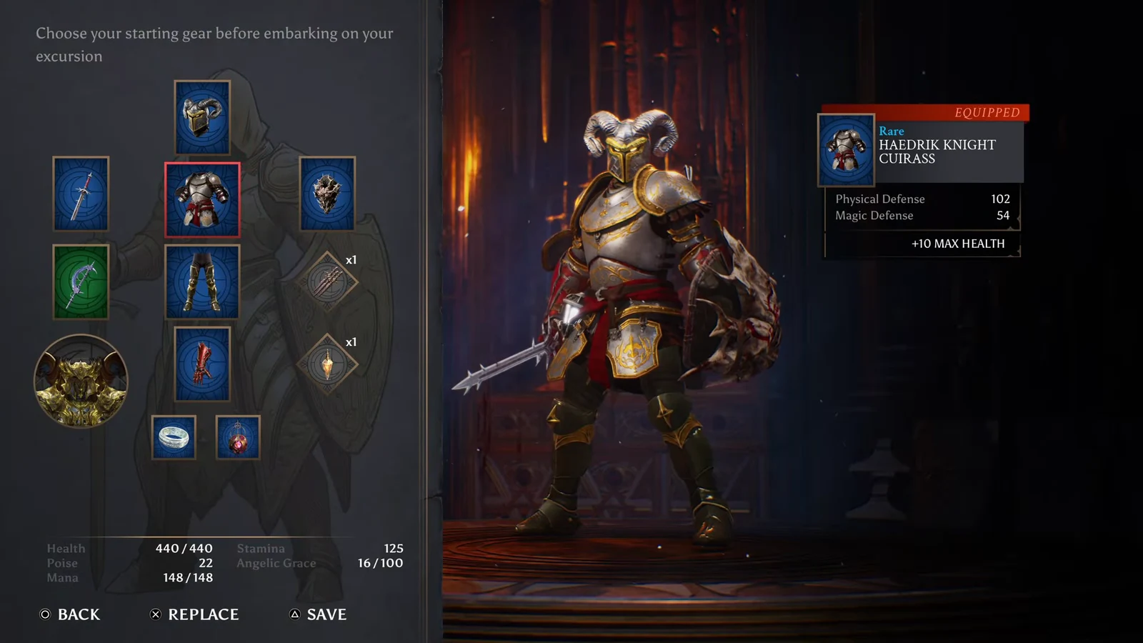 Crimson Moon starting gear screen with the equipped Haedrik Knight Cuirass shown before a hunt