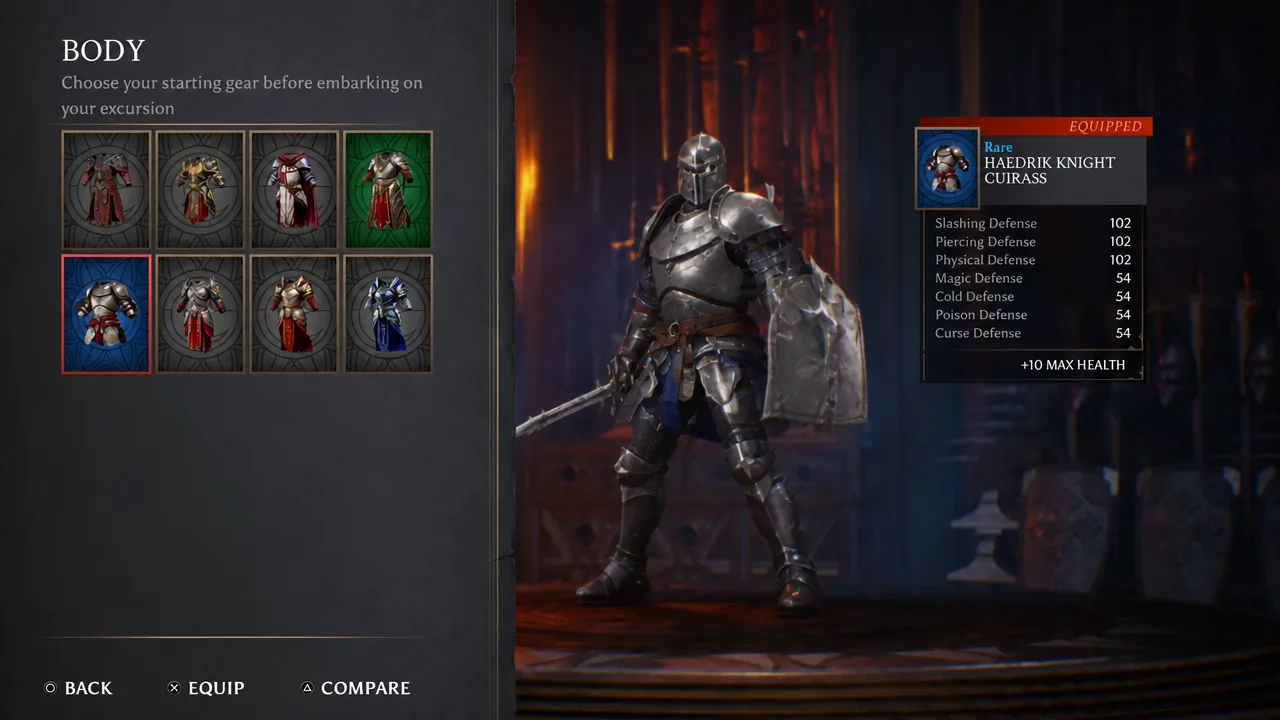 Body armor selection menu in Crimson Moon with the Haedrik Knight Cuirass highlighted