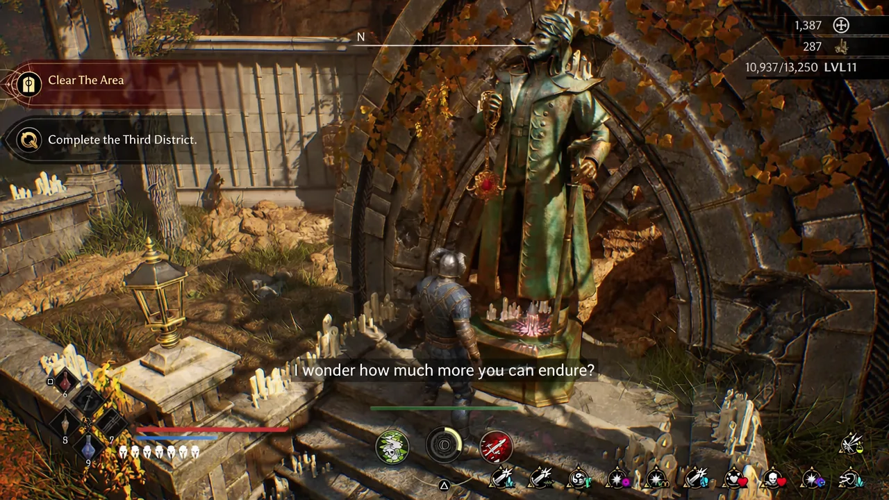 Clear The Area objective on screen during a Crimson Moon district fight against a statue boss