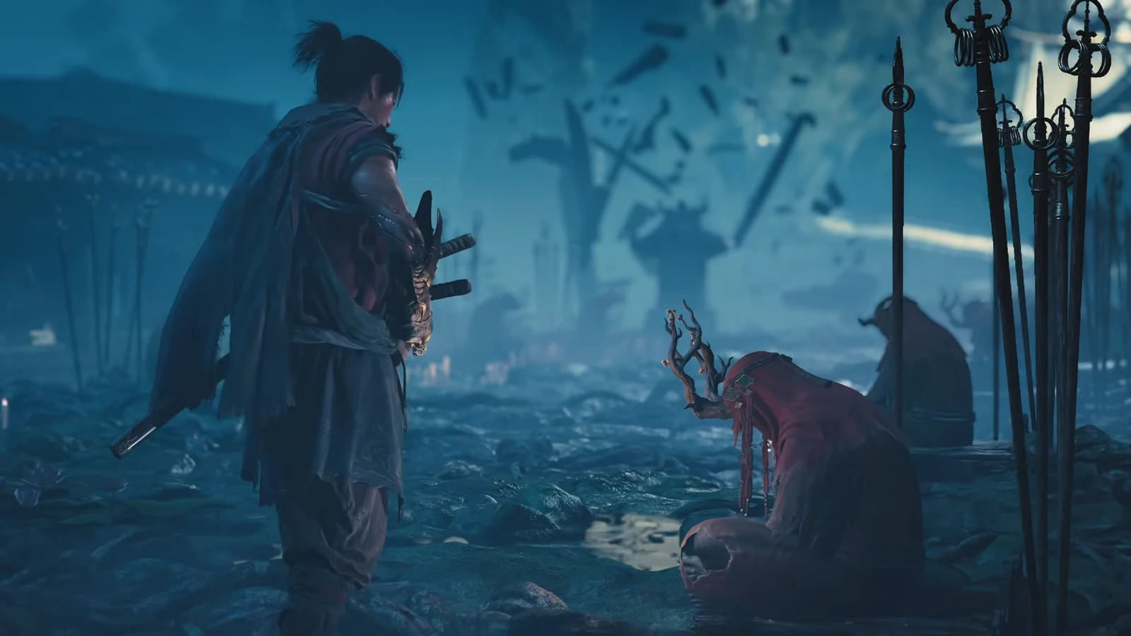 Musashi walks toward kneeling, hooded figures with antler headpieces in a ruined courtyard
