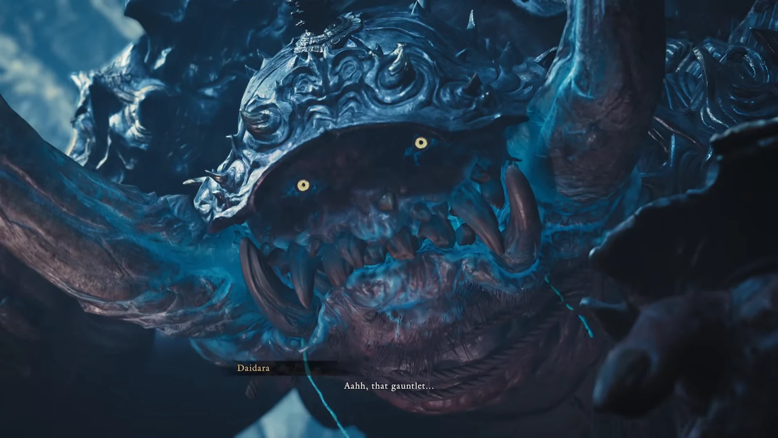 Cutscene of Daidara reacting to Musashi's gauntlet with the subtitle "Aahh, that gauntlet…"