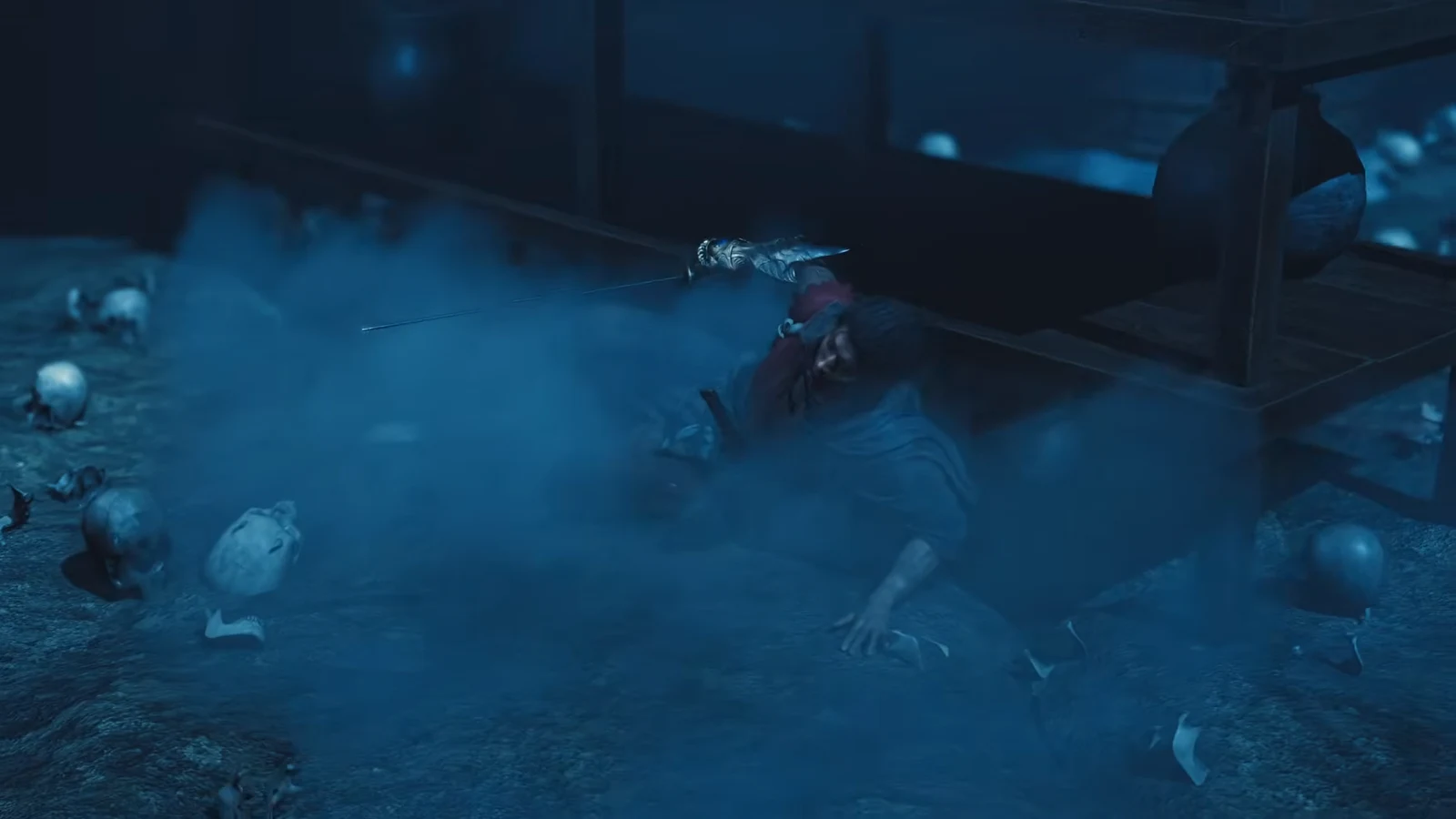 Daidara towering over Musashi during the Oni Refuge boss fight