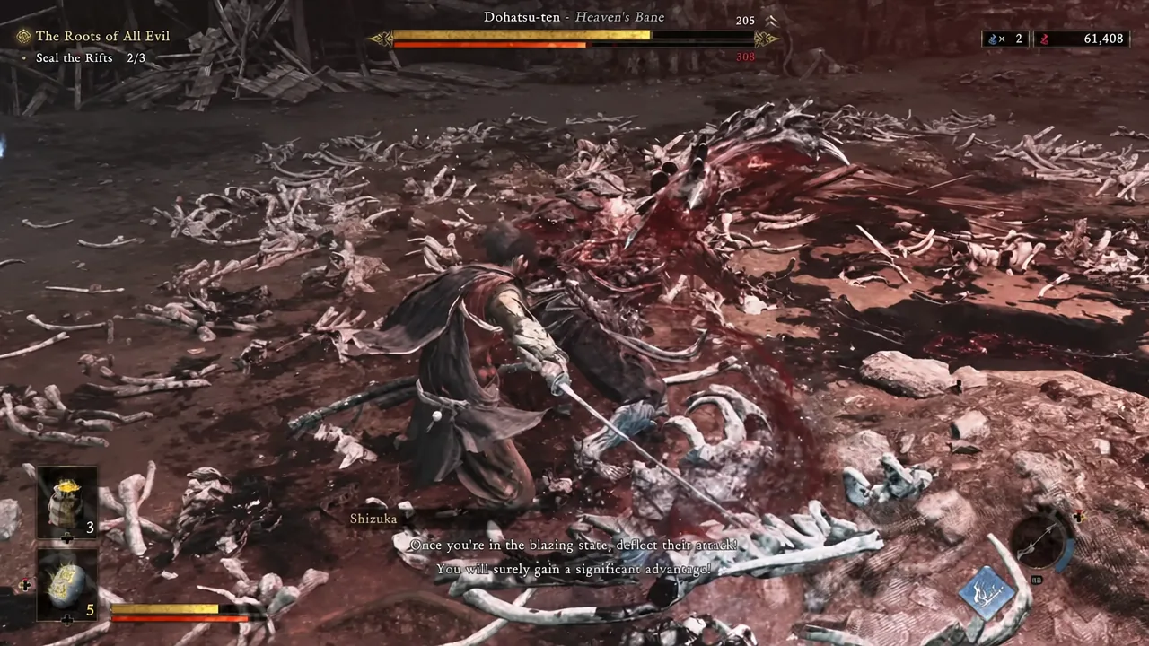 On-screen prompt explaining how to deflect blazing attacks during the Dohatsu-ten fight