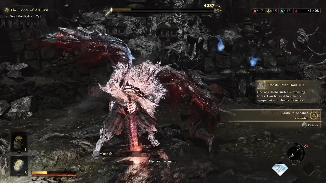 Dohatsu-ten's Horn x2 pickup notification with the Ready to Enhance Gauntlet option highlighted