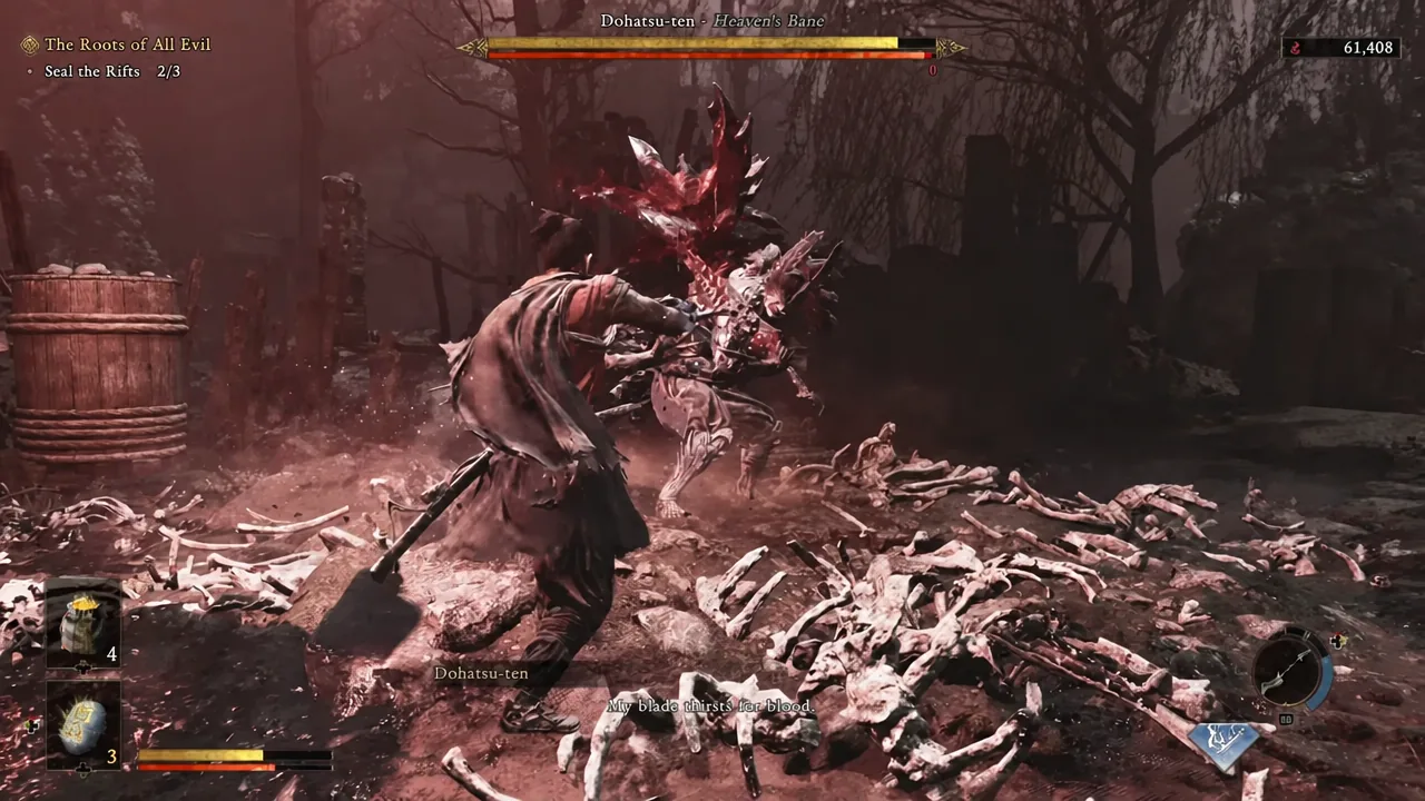 Musashi trading blows with Dohatsu-ten with the boss health bar on screen