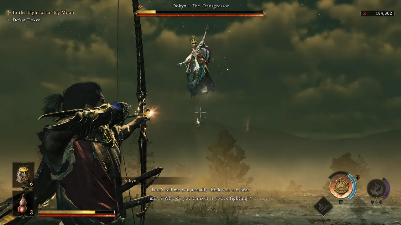 Aiming the bow at Dokyo mid-air during the boss fight