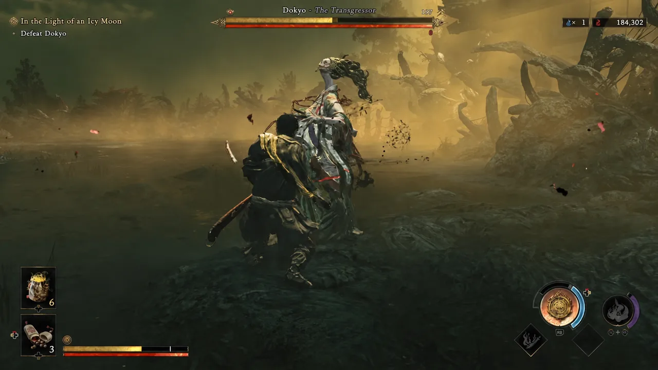 Musashi pressing sword combos into Dokyo with the Defeat Dokyo objective active